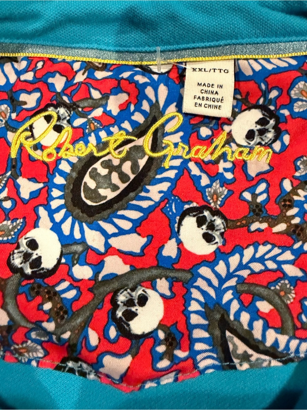 Robert Graham Skull Paisley Trim Polo Shirt Blue XXL
